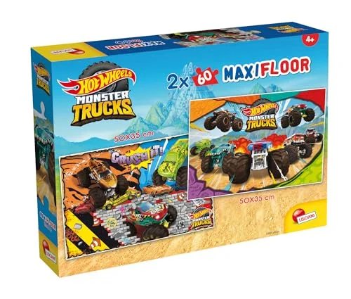 LISCIANI HOT WHEELS pussel MaxiFloor 2x 60 bitar för barn från 4 år 35x50 cm 2 stora med monstertruckar en dubbel utmaning Äventyrligt Stimulerar tänkande och smidighet 8008324104796