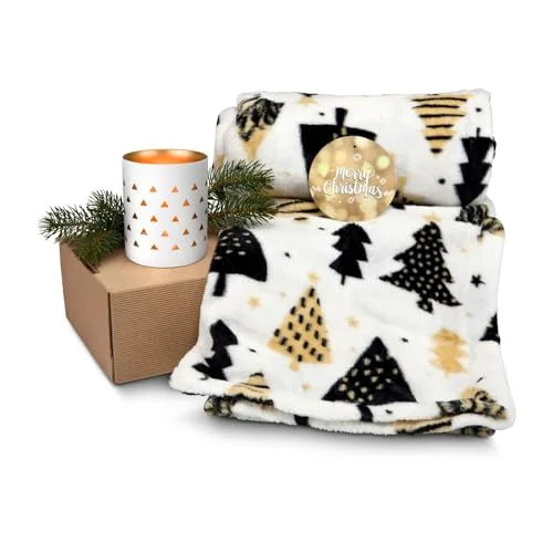 Römer Wellness presentuppsättning: Adventray med flanell fleece filt (120 x 150 cm, 190 g/m²) Merry Christmas + dekorativ ROMINOX keramikvindlampa/värmeljushållare i vitt guld, 590 g 4260273268293