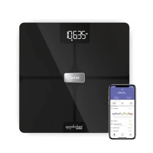 Tefal Goodvibes Health Balans, 14 kroppsindikatorer, ansluten app, obegränsat antal användare, 180 kg kapacitet och glasbricka 32 x cm, svart BM9670S1 3121040089057