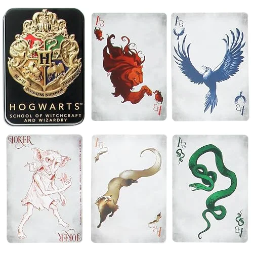 Paladone Harry Potter Hogwarts hus spelkort i en burk officiellt licensierad trollkarlsvärld merchandise, kortspel med Hufflepuff, Ravenclaw, Gryffindor & Slytherin, 54 kort 5056577709032