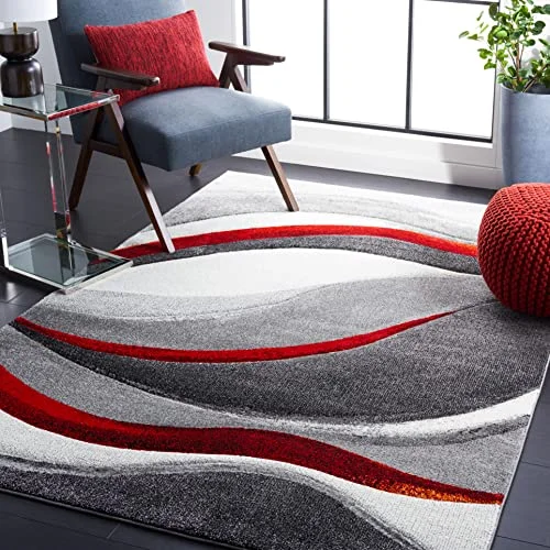 SAFAVIEH Samtida matta för vardagsrum, matsal, sovrum hollywood kollektion, kort lugg, grå och röd, 160 x 229 cm 195058534253