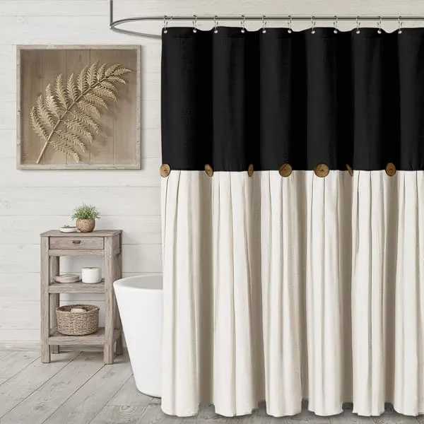 1 Linne Duschdraperi med Knappar – 91 × 183 cm – Lämplig för Badrumsinredning i Lantlig Stil – Svart och Beige Lappteknik 2616P011