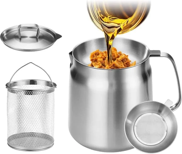 1.5L Deep Fryer Pot in 304 Stainless Steel with Basket and Strainer, Large Capacity Bacon Grease Container for Kitchen Frying, Cooking, Camping, Oil Filter X006-F-0020613-CJ 1.5L Deep Fryer Pot in 304 Stainless Steel with Basket and Strainer, Large Capacity Bacon Grease Container for Kitchen Frying, Cooking, Camping, Oil Filter X006-F-0020613-CJ