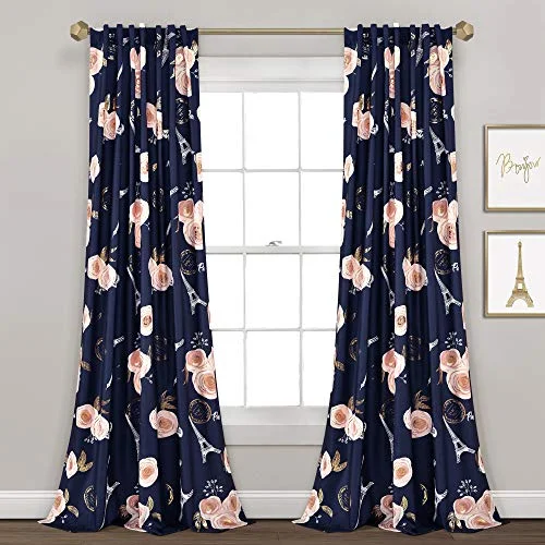Frodig dekor marinblå vintage Paris ros fjäril 2 delad fönstergardin panel set, lång blommig polyester tema mönster (213 cm x 132 cm) 848742096321