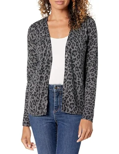 Amazon Essentials Kvinnors Lätt V ringad cardigan tröja (finns i plusstorlek), Kolsvart ljung Djur, XXL 195111194219