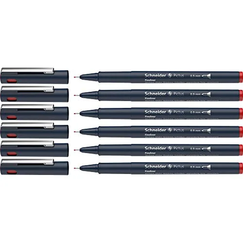Schneider Pictus Fineliner (linjetjocklek 0,9 mm, dokumentäkta pigmentliner, metallmonterad spets, hölje av 85% återvunnen plast) 6 pack, röd 4004675011084