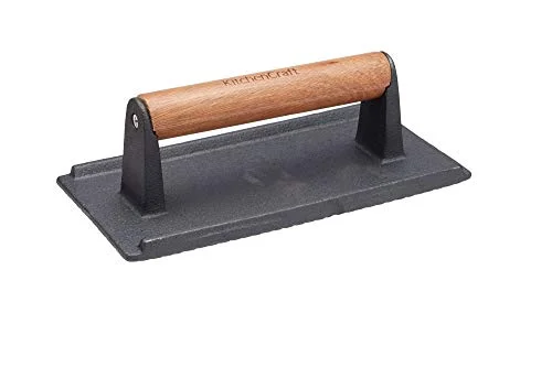 KitchenCraft Stek och Grillpress, Gjutjärn, Svart/Trä, 21 cm x 11 8 cm, KCGRILLPRESS 5028250780683