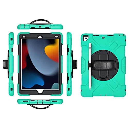 iPad mini6 2021 generationen fodral med skärmskydd pennhållare Kickstand 360 roterande handledsrem stativ robust skyddsfodral (jadegrön) 755985084902