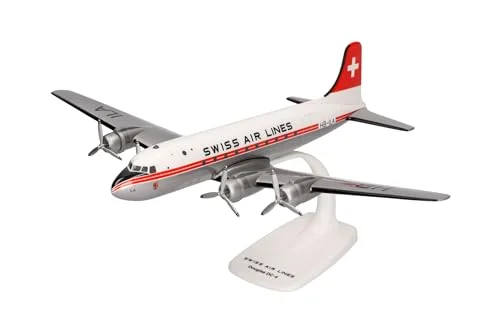 Herpa Snap Fit modellflygplan Swiss Air Lines Douglas DC 4, miniatyr i skala 1:200, samlarobjekt, modell med ställ, plast 4013150614030