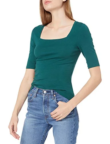 Amazon Essentials Women's T shirt med smal passform halvärm och fyrkantig hals, Mörkgrön, XXL 195111266824