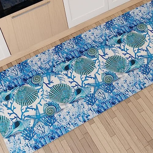 PETTI Artigiani Italiani Köksmatta löpare kök halkfri och tvättbar 52 x 280 cm blå koralldesign 100% tillverkad i Italien 5056411114626