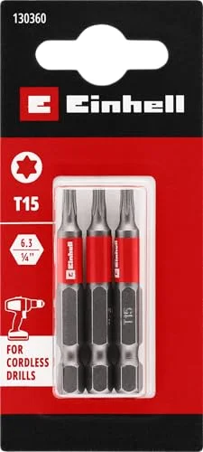 Original Einhell standardbits, 3 delar, 50 mm, T15 (krom vanadin, exakt skruvar, bra kontroll, röd färgring, E 6,3 skaft) 4009311303608