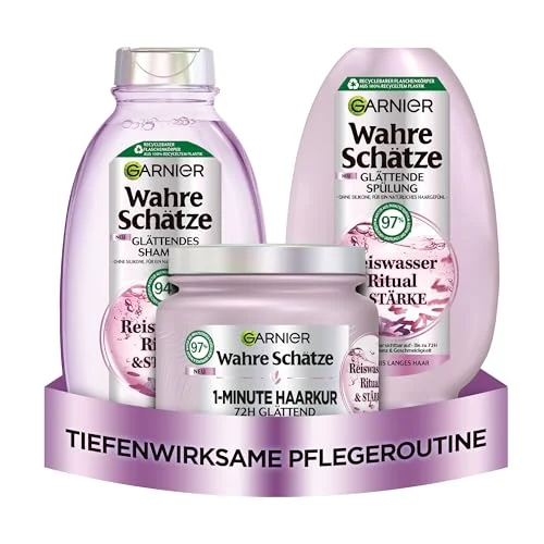 Garnier True Treasures utjämnande hårvårdsset med risvatten för medellångt hår, mer glans och jämnhet, schampo (250 ml), balsam (200 1 minut hårbehandling (340 3 delar 4049700218243