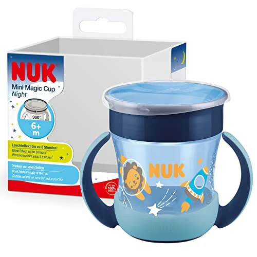 NUK Mini Magic Cup Night pipmugg Från 6 månader 160 ml 360 spillsäker kant Självlysande Greppvänliga handtag BPA fri och diskbar Blå 4008600421054