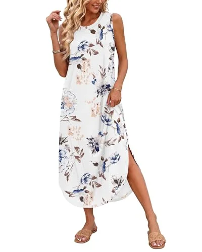 AUSELILY Kvinnors sommarklänning, lång, ärmlös, maxi klänning, blommigt tryck, strand, casual, sidoslitsar och fickor, L 738958538053