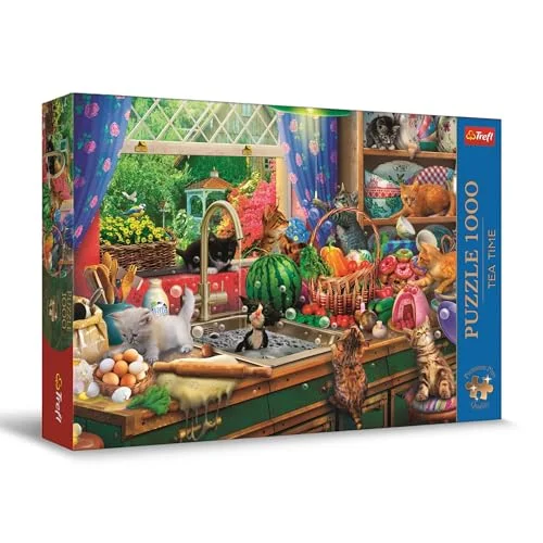 Trefl Premium Plus Quality Puzzle Tea Time: Busiga kattungar 1000 bitar, Serie med nostalgiska målade bilder, Perfekt passande för vuxna och barn från 12 år 5900511108392