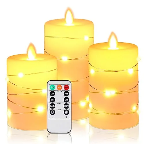 HIYAA LED ljus, ljus med inbäddad ljuskedja, 3 pack batteridrivna fjärrkontroll, 24 timmars timerfunktion, dansande låga, äkta vax 721545549624