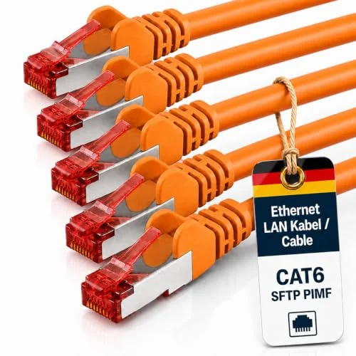 1aTTack.de 1 m Cat6 Ethernet kabel Lan Patch Cat 6 kablar Internet Rj45 kontakt Gbit/s SFTP PIMF för strömbrytare, router, modem, dator, spel, TV, patchfields orange 5 stycken 4250344825388