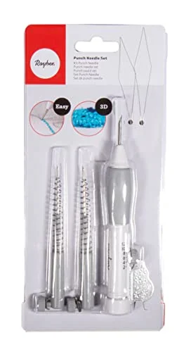 Rayher 69226000 Punch Nål Set, justerbar, broderi för nybörjare, punchnålar, 1 stickstift, 3 broderinålar, 2 trådhjälpar, blandade 4006166289569
