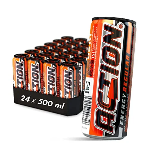 ACTION Energy Regular Engångs, 24 x 500 ml, inklusive pand, taurin, klassisk energidryck med Tutti Frutti smak, stor burk 4021155161336