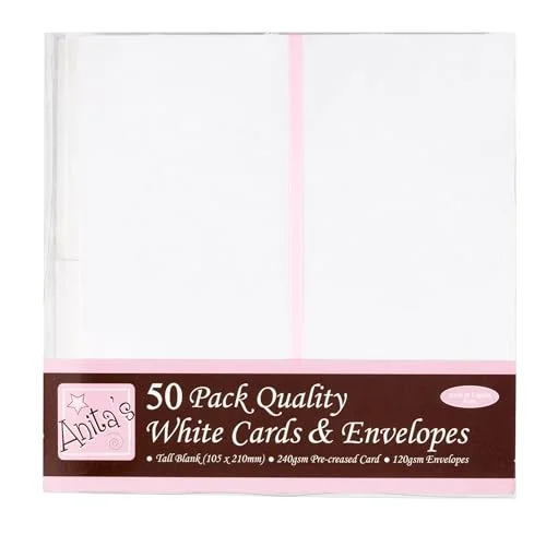 Anitas höga vanliga, tomma kort och kuvert, 10,5 x 21 cm, vit, paket med 50, för hem, bröllop, födelsedag, jul, tack, konst & hantverk, scrapbooking tillbehör, baby shower, korttillverkning 5038041922147