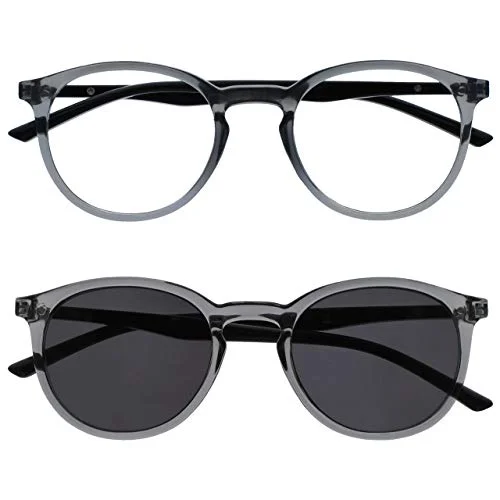 Opulize Met Twin Pack läsglasögon med solläsare stor rund grå svart herr dam vårgångjärn RS60-7 +0,00 5055955365280