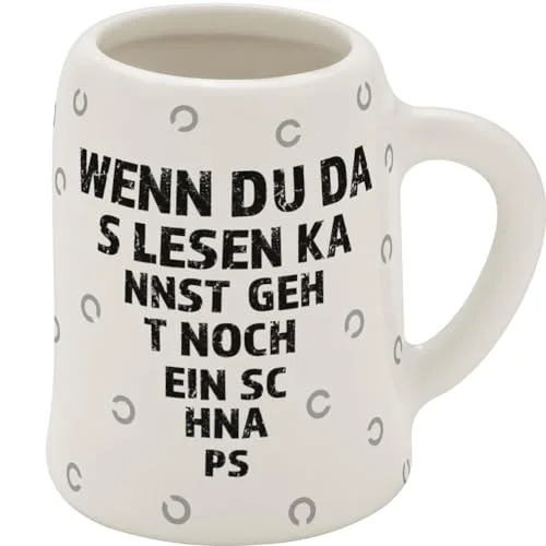 GRUSS & CO snapmugg med motiv läsning Nya benporslin 5 cl, minikanna slogan Rolig present, fest, herrgåva 73847 4036018738471