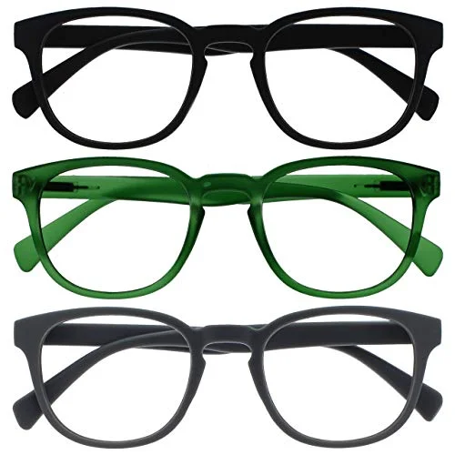 OPULIZE Pop läsglasögon 3 pack roliga runda matt ram svart mossgrön grå fjädergångjärn reptåliga män kvinnor RRR2 167 +3,50 5055955358596