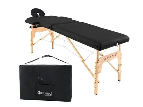 QUIRUMED Easy Wooden hopfällbart massagebord, svart färg, 186 x 66 cm, massagebänk, fysioterapimassage, konstläder, ledat huvud, justerbar höjd, 2 sektioner 8435270724349