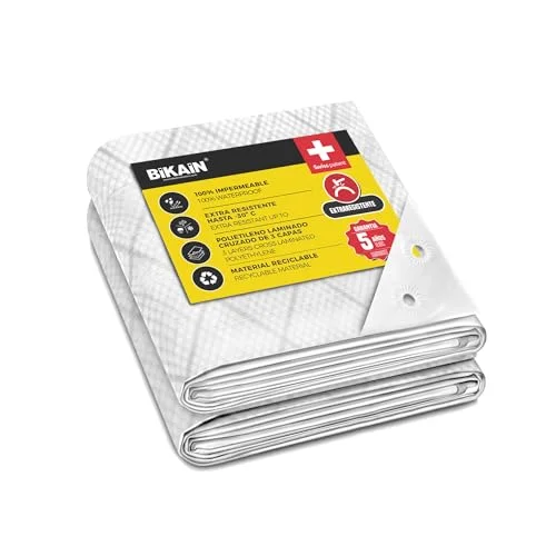 Utomhus vattentät presenning modell BI055LOBL, elektrosvetsade förstärkta hål, 3 lagers korslaminerad polyeten, 120 g/m25 x 8 m, vit totalt skydd extra stark Bikain 8413491023113