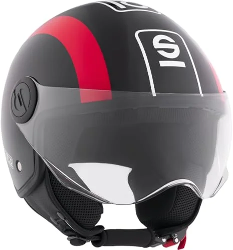 Sparco Riders SP601 Demi Jet motorcykelhjälm, skoterhjälm ECE 22.06 homologerad, hjälm med repskydd och mikrometrisk utlösning, svart/röd, S 8057760951013
