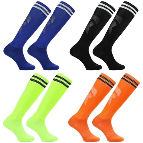 ATBUSS 4 par barnfotbollsstrumpor, Overknee sportstrumpor, elastiska träningsstrumpor, neutrala löparstrumpor, lämpliga för barn från 512 år (mörkblå, orange, svart, fluorescerande grön), mörkblå, 733592697388