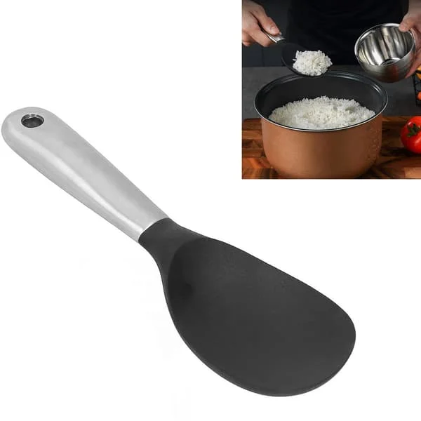 1-delad risssked i rostfritt stål med hängande hål, lämplig för matlagningssåser, soppor, sallader och ris, 23 cm (Svart) ZQ-1295 1-delad risssked i rostfritt stål med hängande hål, lämplig för matlagningssåser, soppor, sallader och ris, 23 cm (Svart) ZQ-1295