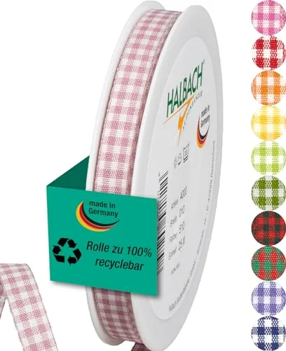 Halbach sidenband premium Vichy Karo presentband (pale berry) Bredd 10 mm längd 25 m rutband tillverkat i Tyskland rutat band många färger 4015275802798