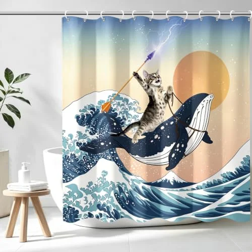 Aimego roligt duschdraperi modig katt håller trident ridande haj i havet, duschgardiner med krokar för badrumsdekor tillbehör badkar gardin, 183 cm x 709226776996
