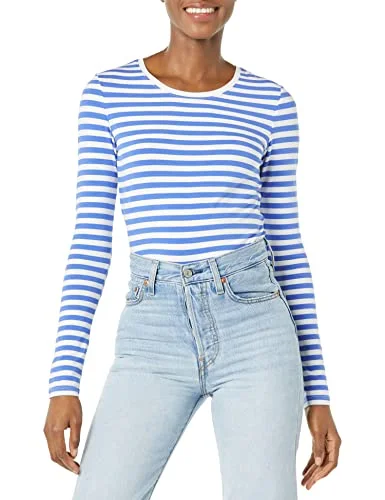 Amazon Essentials Women's Långärmad T shirt med rund hals klassisk passform (finns i plusstorlek), Blå Vit Rand, XS 195111740195