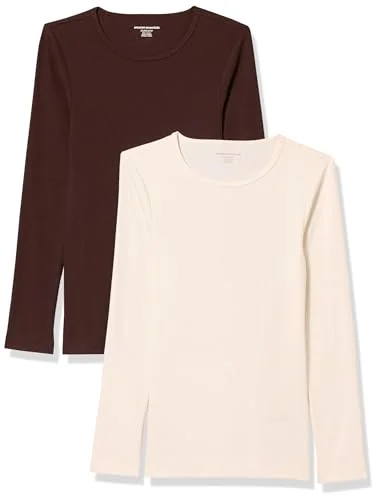 Amazon Essentials dam slim-fit lager långärmad stickad ribbad rund hals (finns i plusstorlek), paket med 2, äggskal vit/Espresso, X-Large 196433891251